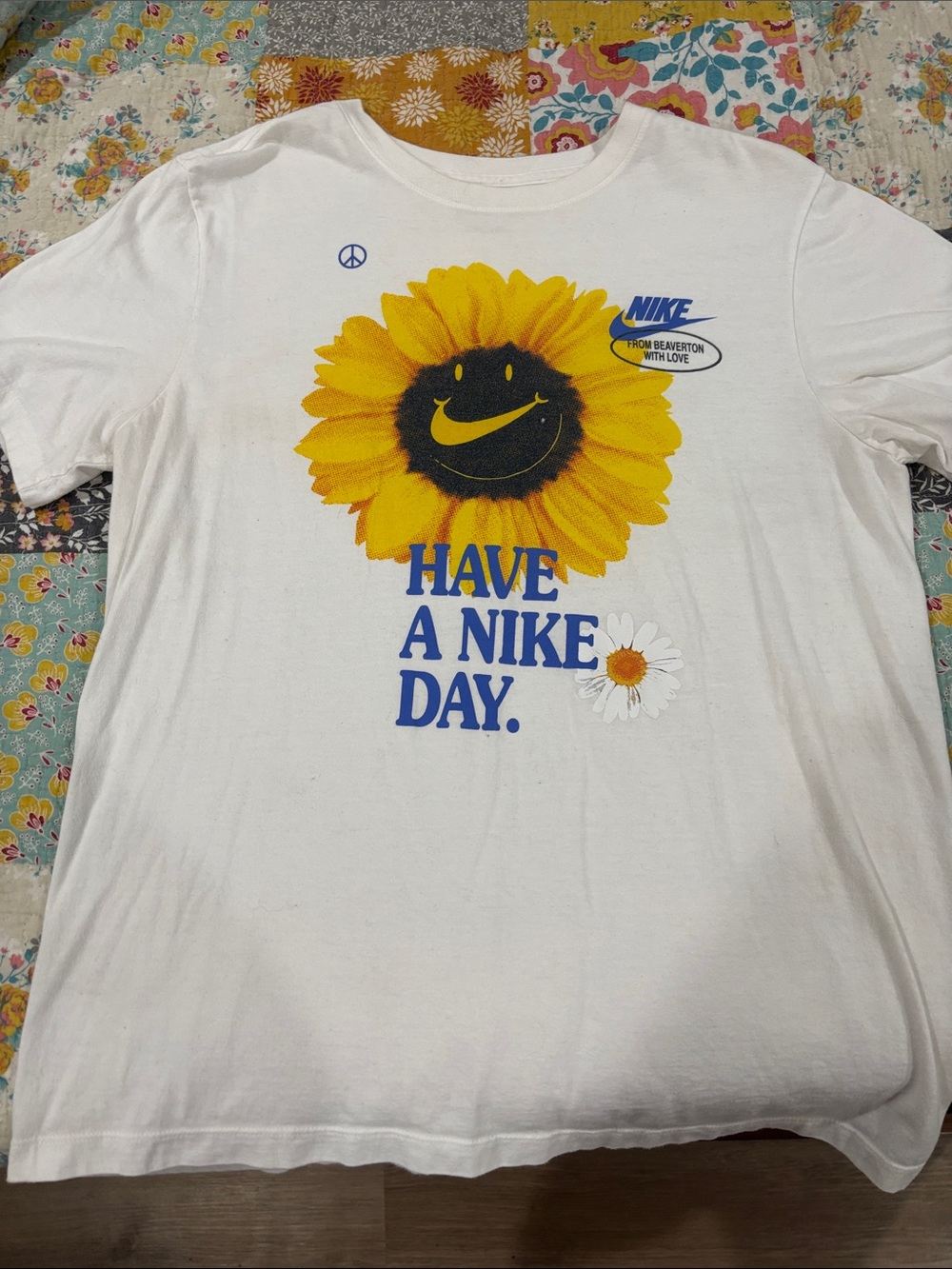 Nike White Crewneck Tee with Blue Logo Print